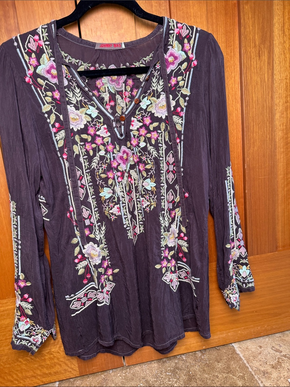 Johnny Was Brown Rayon Embroidered Blouse, Small
